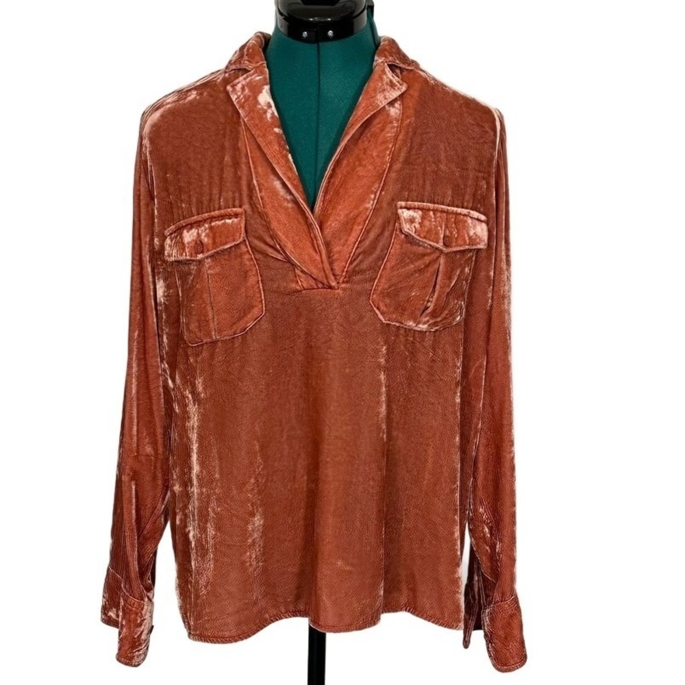 J.Crew Womens Velvet Long Sleeve Polo V-Neck‎ Top Terracotta Rose BB249 Size M